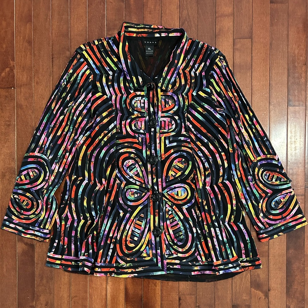 Weavz Multicolor Artistic Long Sleeve Button Down Sheer Top Size XL - Picture 3 of 9